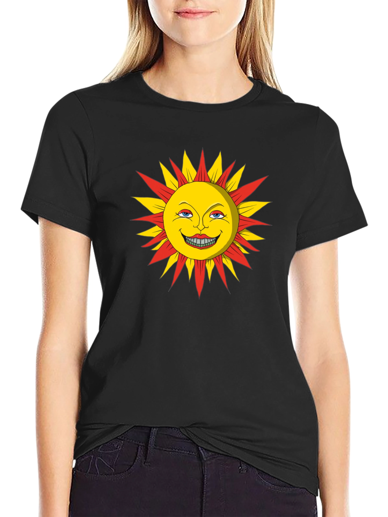 Smiling Sun Graphic Tee - Black Cotton T-Shirt