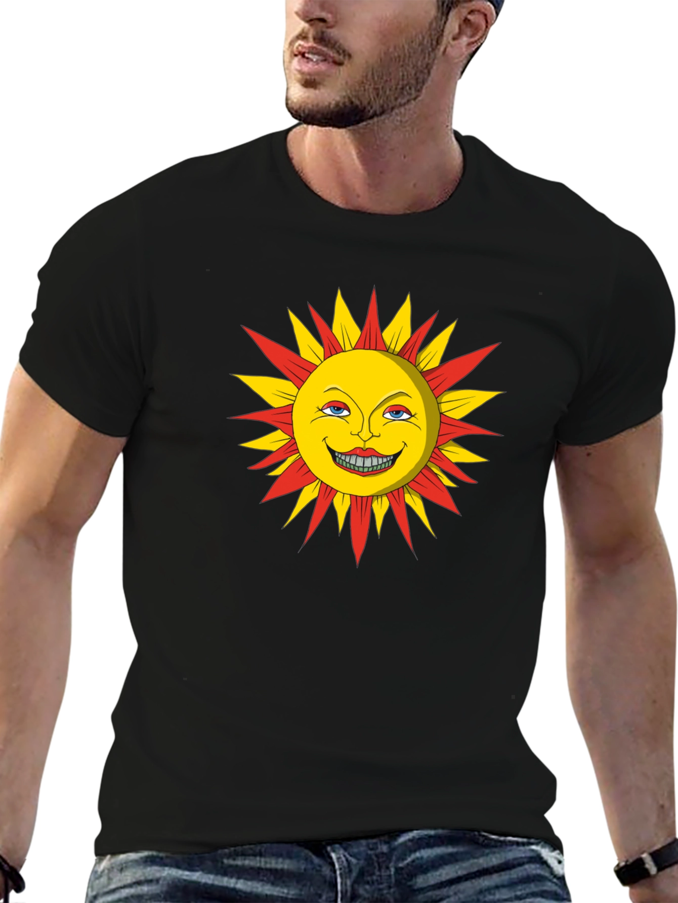 Smiling Sun Graphic Tee - Black Cotton T-Shirt