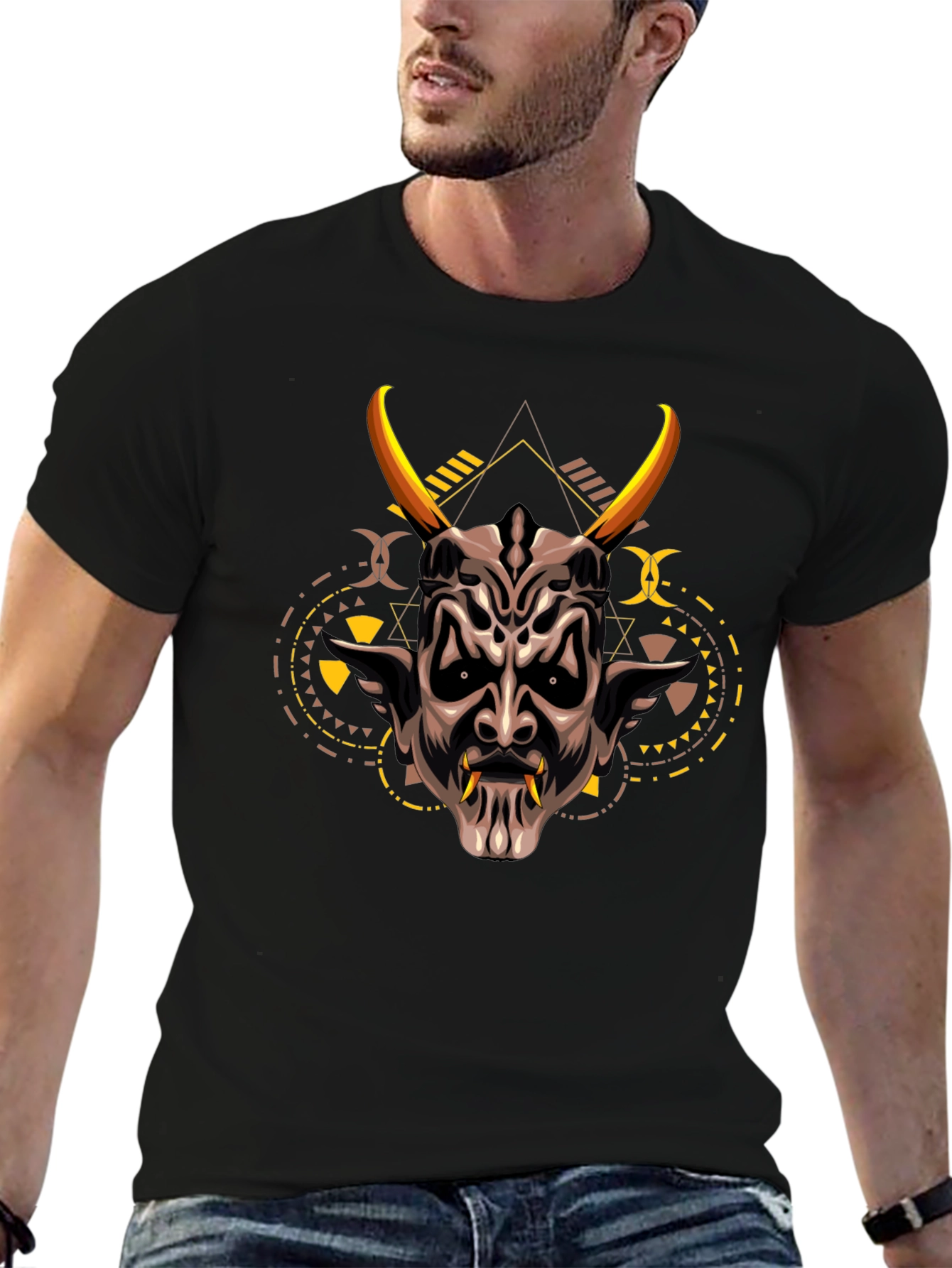 Demon Mask Graphic Print Black T-Shirt