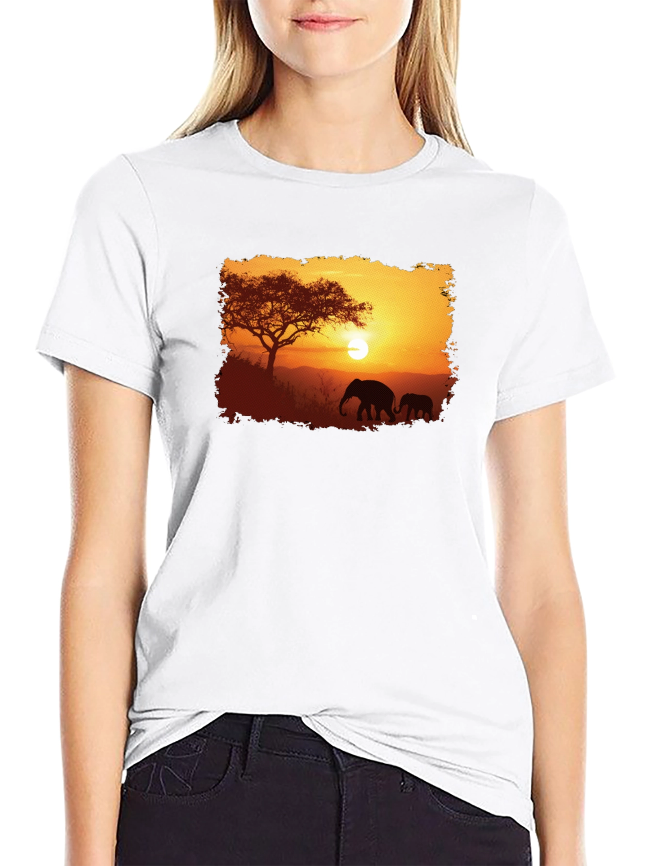 Sunset Safari Elephant Graphic Tee - Black