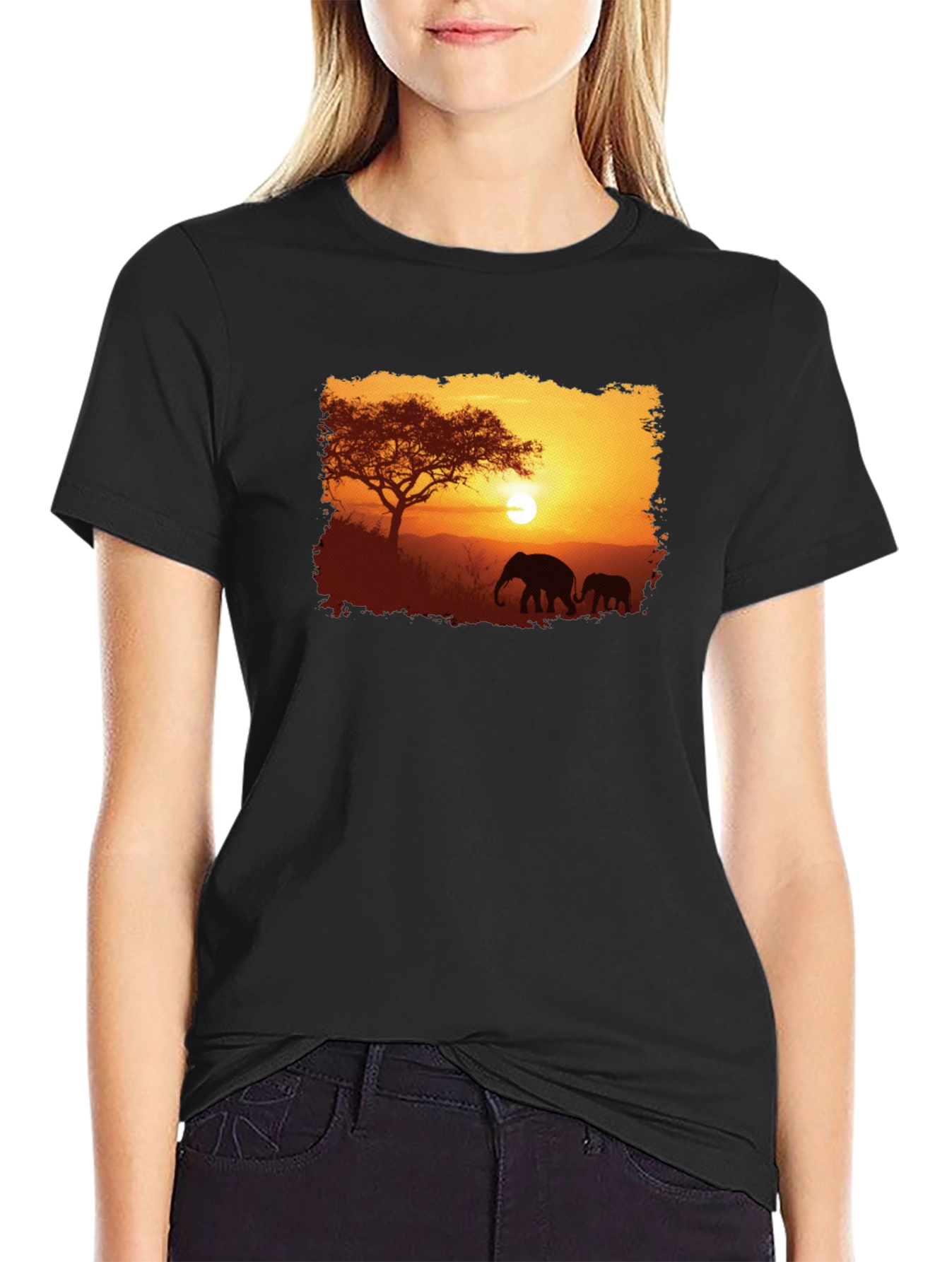 Sunset Safari Elephant Graphic Tee - Black