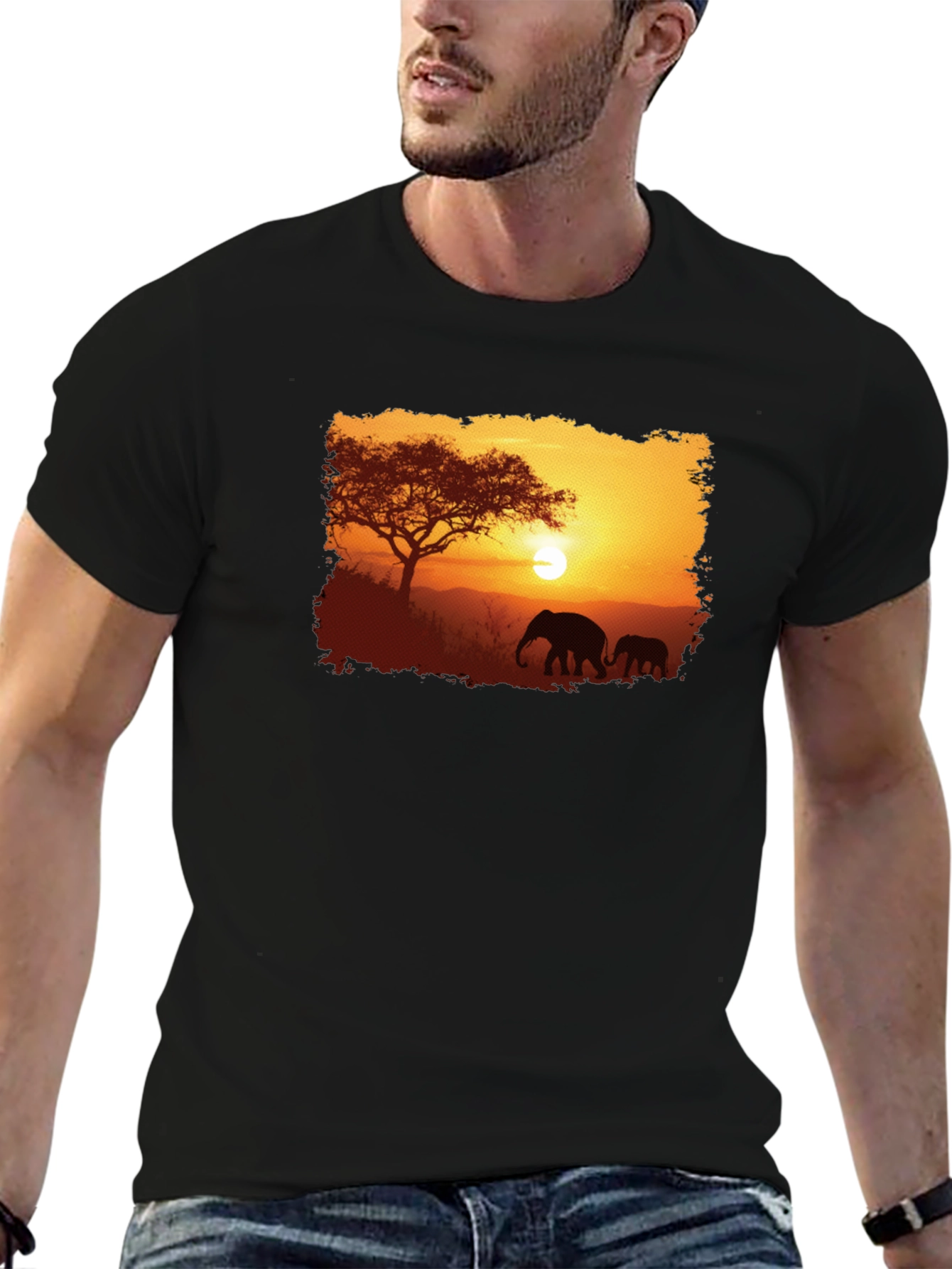 Sunset Safari Elephant Graphic Tee - Black