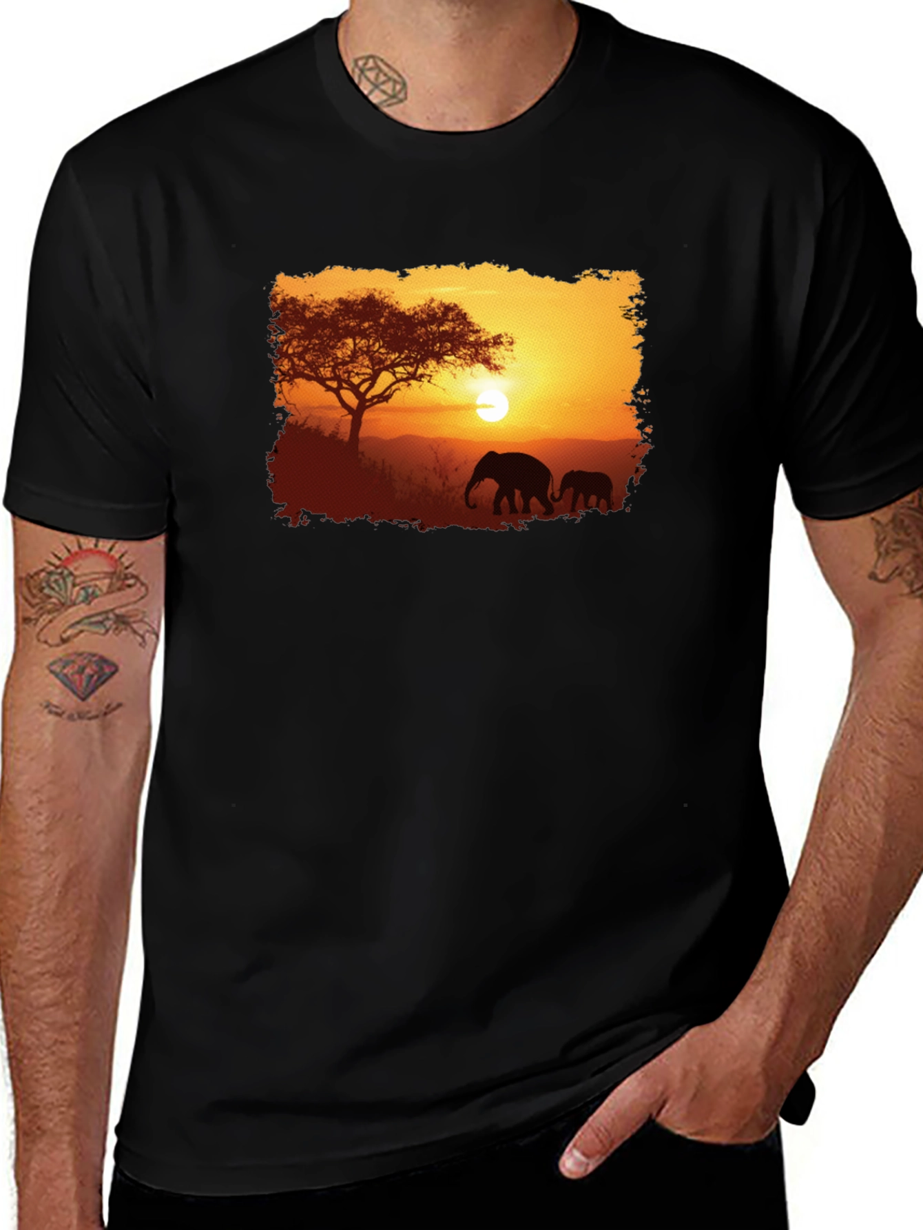 Sunset Safari Elephant Graphic Tee - Black