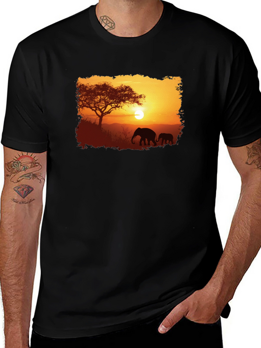 Sunset Safari Elephant Graphic Tee - Black
