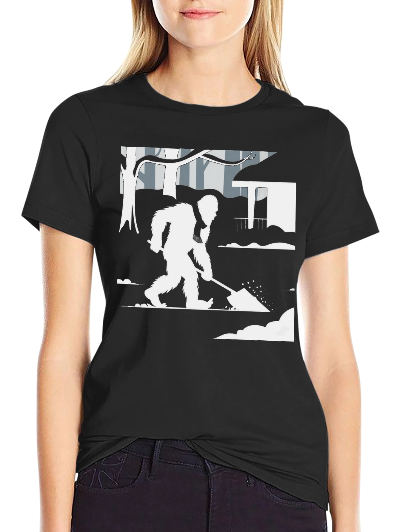 Bigfoot Shoveling Snow Graphic Tee