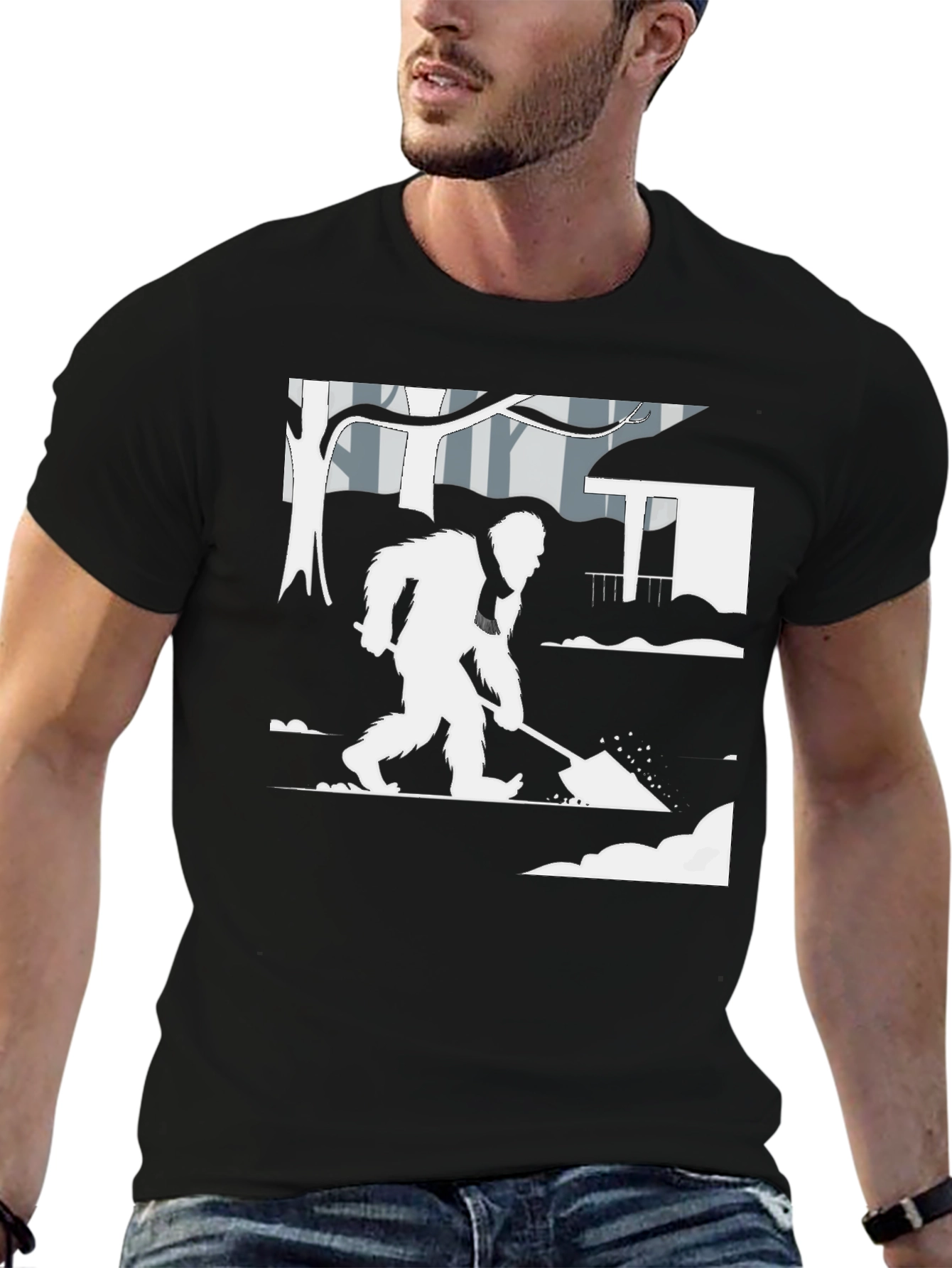 Bigfoot Shoveling Snow Graphic Tee