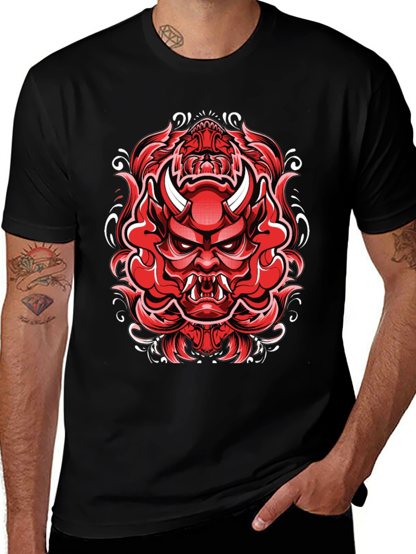 Mens Black T-Shirt with Red Japanese Demon Graphic