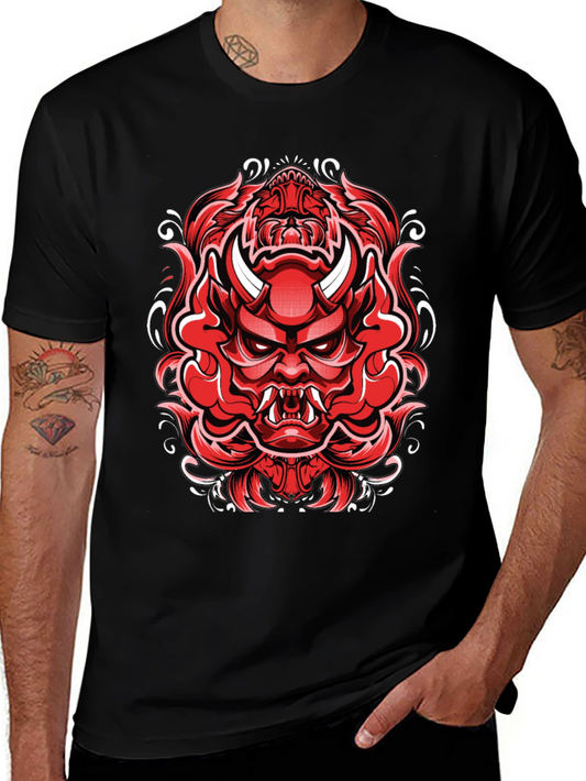 Mens Black T-Shirt with Red Japanese Demon Graphic