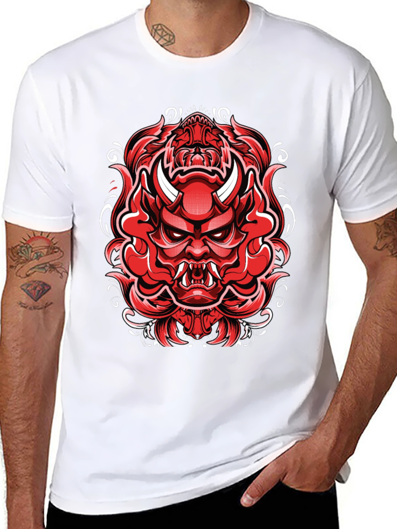 Mens Black T-Shirt with Red Japanese Demon Graphic