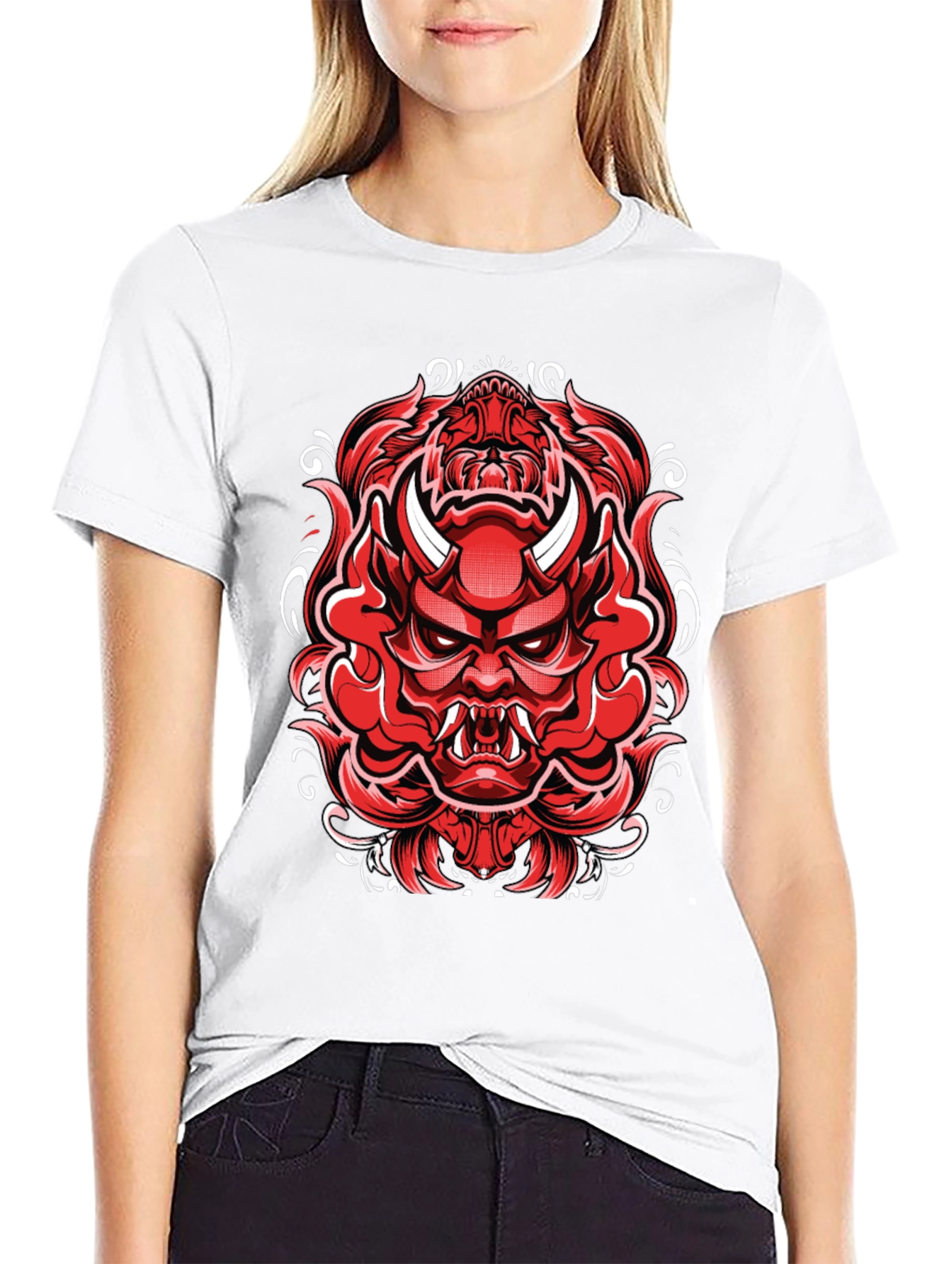 Mens Black T-Shirt with Red Japanese Demon Graphic