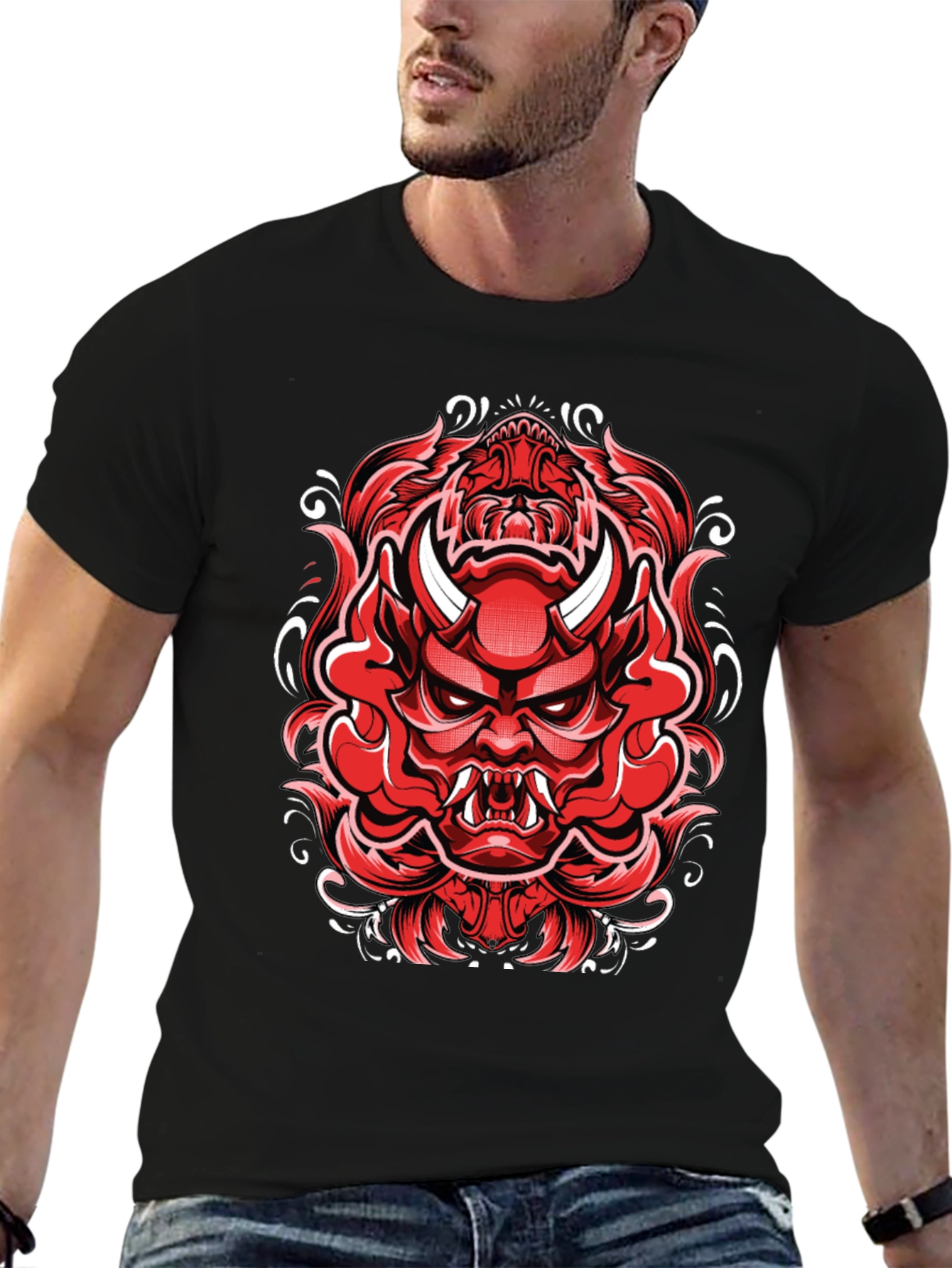 Mens Black T-Shirt with Red Japanese Demon Graphic
