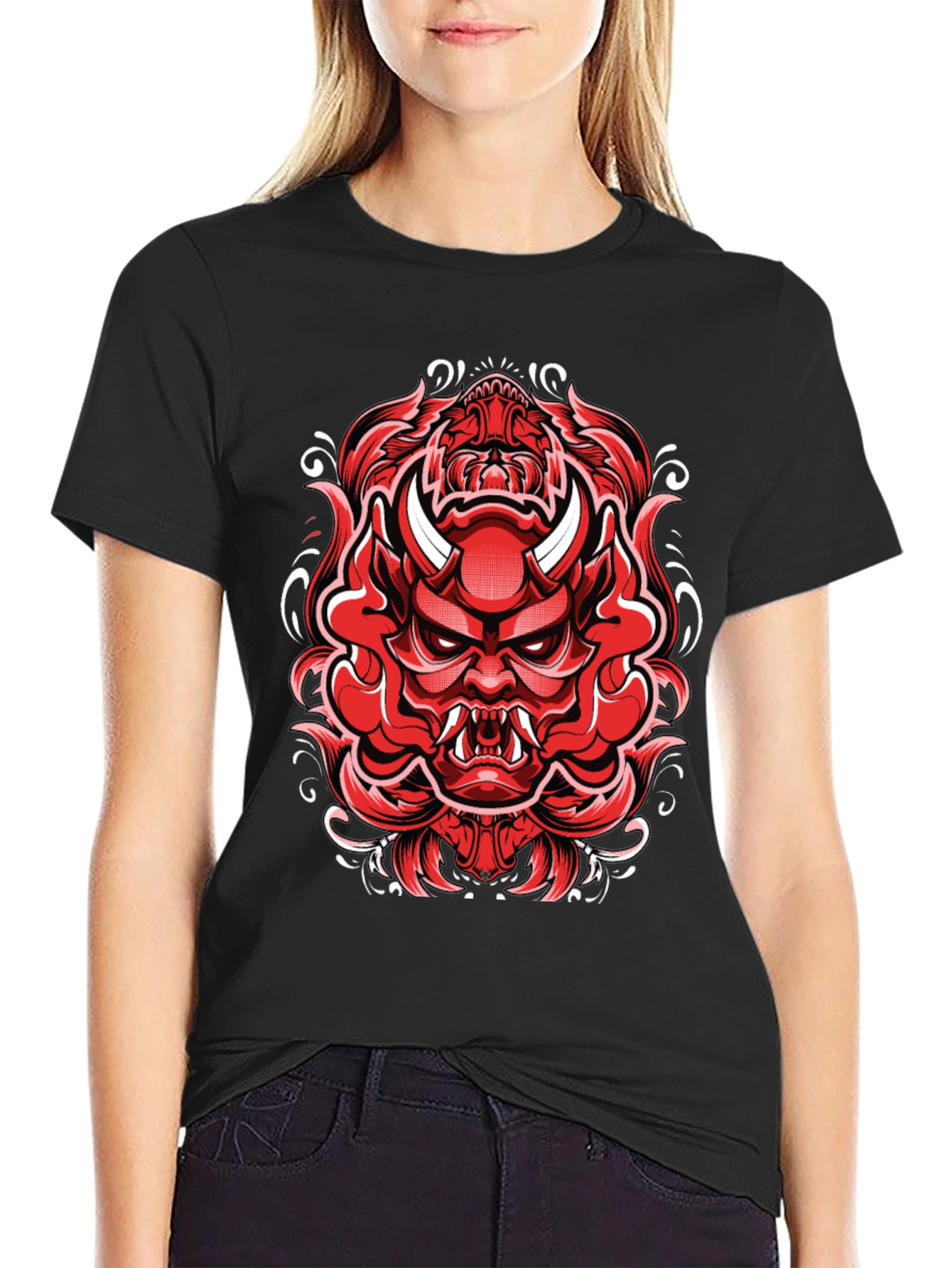 Mens Black T-Shirt with Red Japanese Demon Graphic