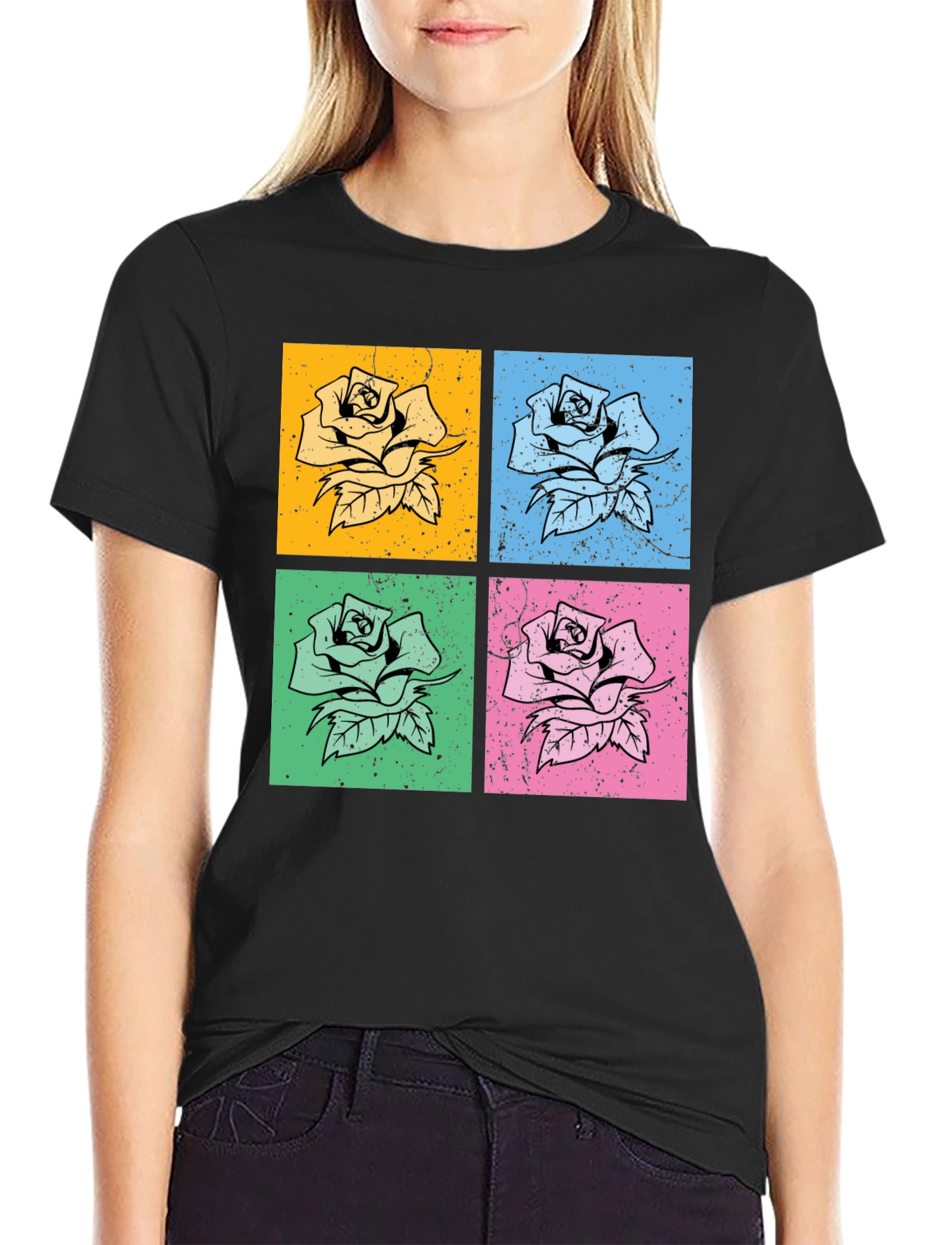Retro Rose Pop Art Graphic Tee - Classic Black
