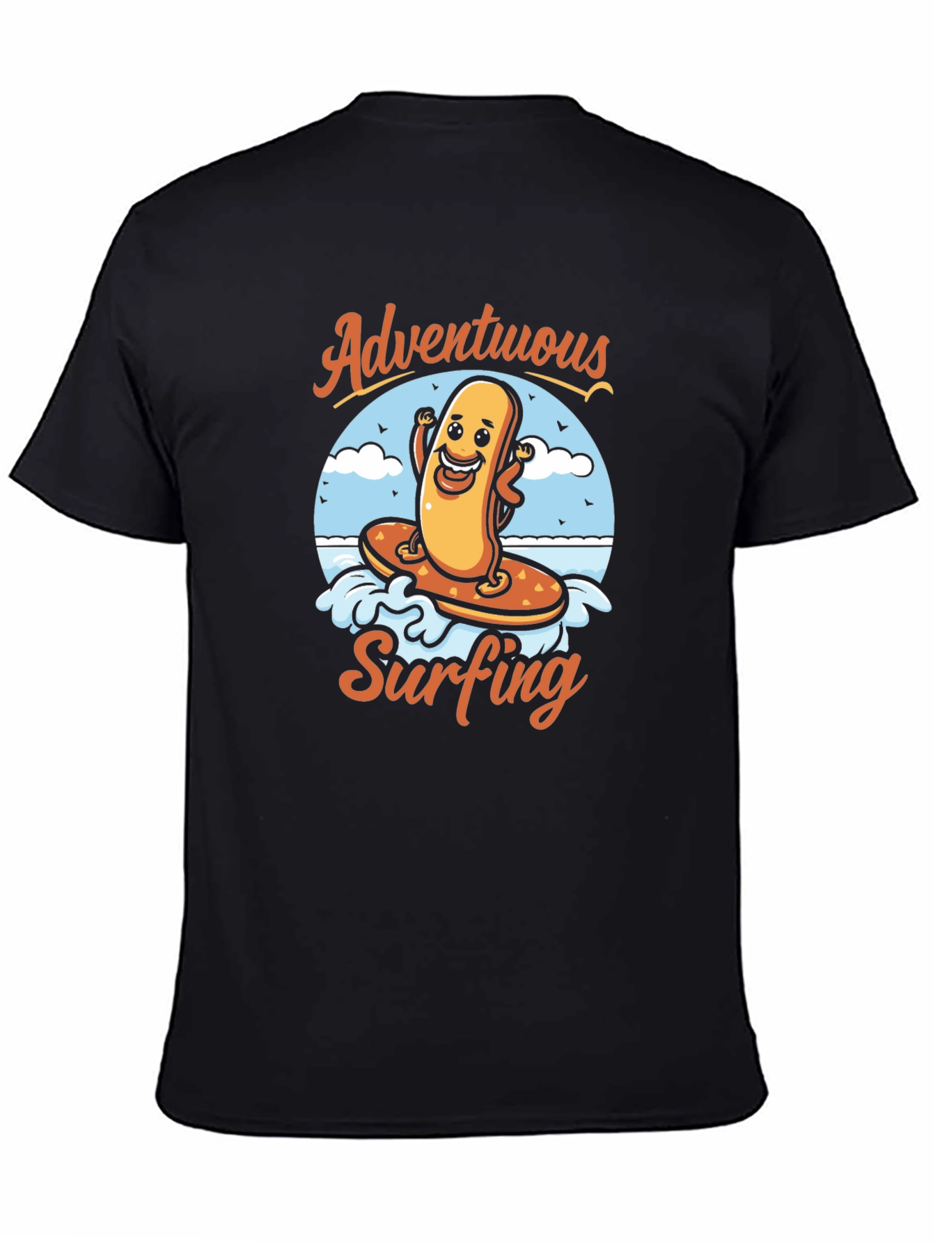 Adventurous Surfing Hot Dog Graphic T-Shirt