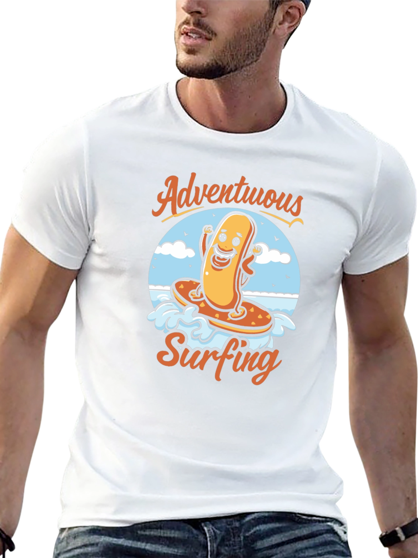 Adventurous Surfing Hot Dog Graphic T-Shirt