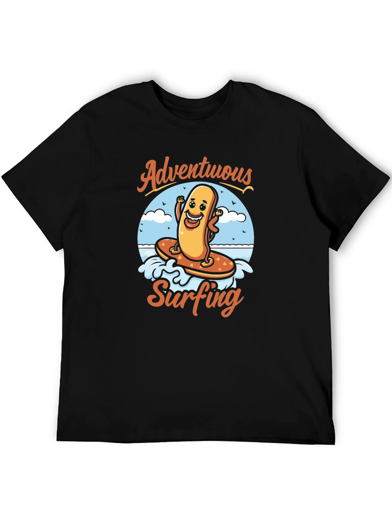 Adventurous Surfing Hot Dog Graphic T-Shirt
