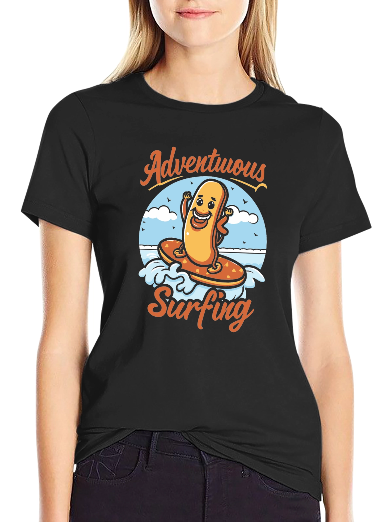 Adventurous Surfing Hot Dog Graphic T-Shirt