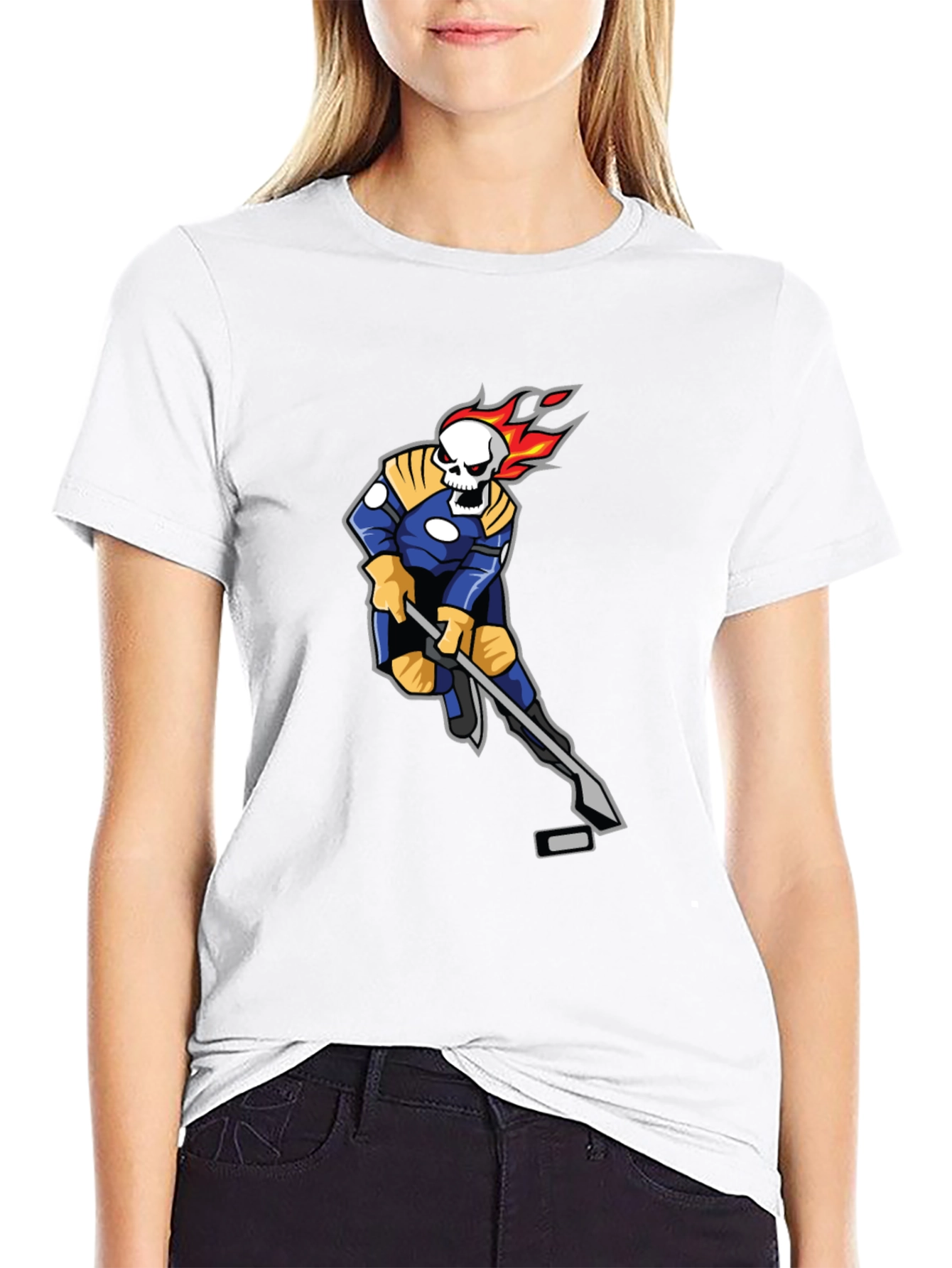 Flaming Skull Hockey Player Graphic T-Shirt