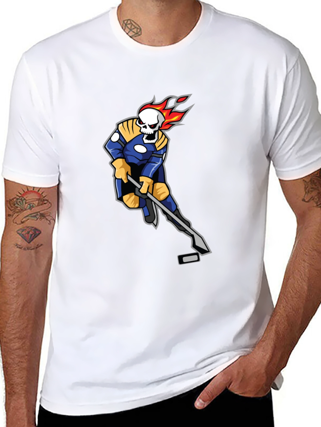 Flaming Skull Hockey Player Graphic T-Shirt