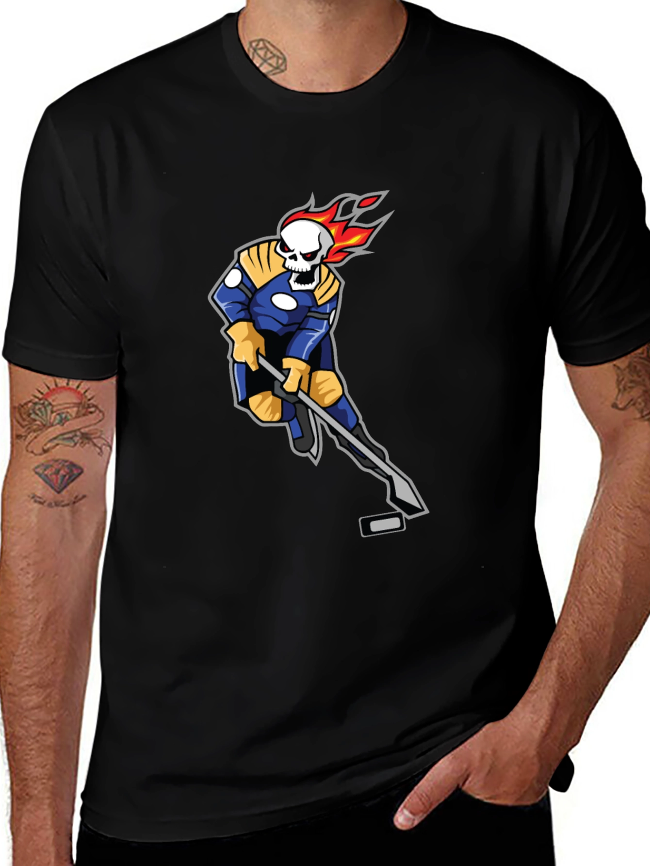 Flaming Skull Hockey Player Graphic T-Shirt