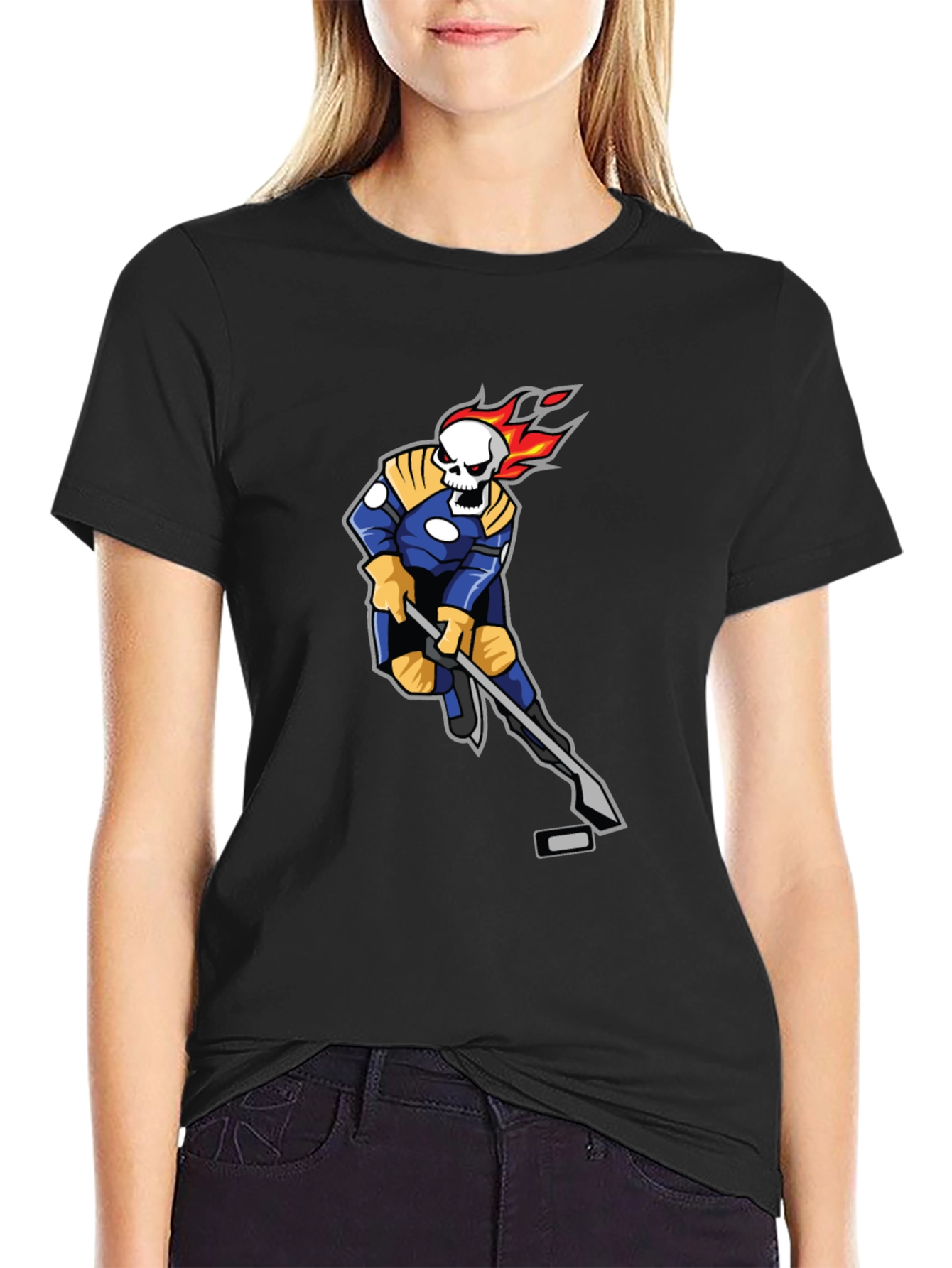 Flaming Skull Hockey Player Graphic T-Shirt