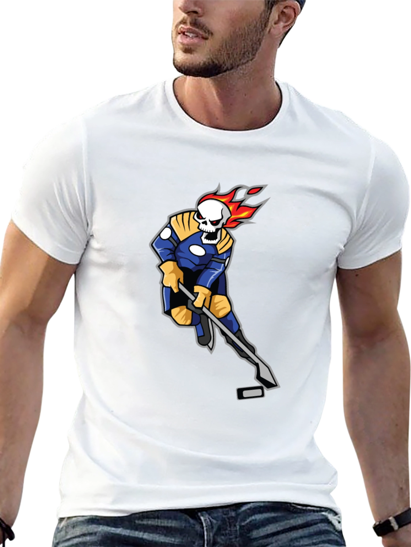 Flaming Skull Hockey Player Graphic T-Shirt