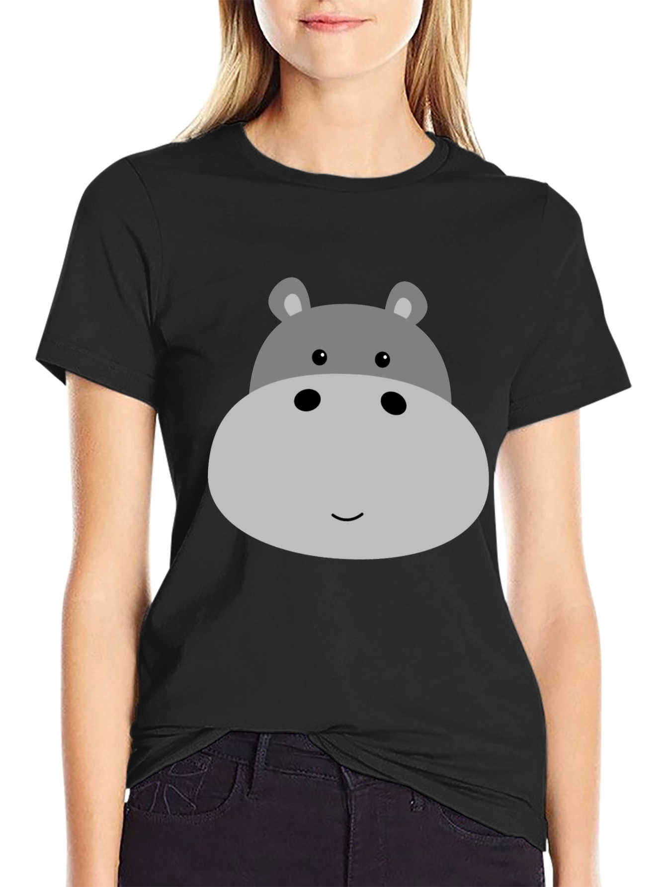Cute Hippo Face Graphic Tee - Black