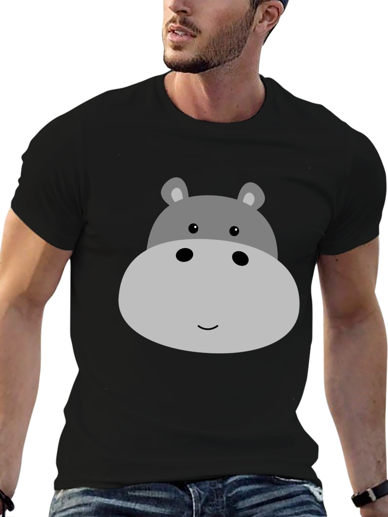 Cute Hippo Face Graphic Tee - Black