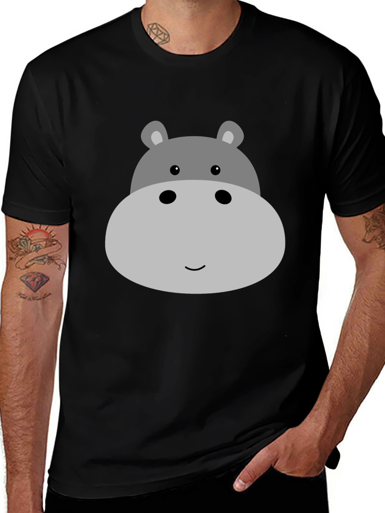 Cute Hippo Face Graphic Tee - Black