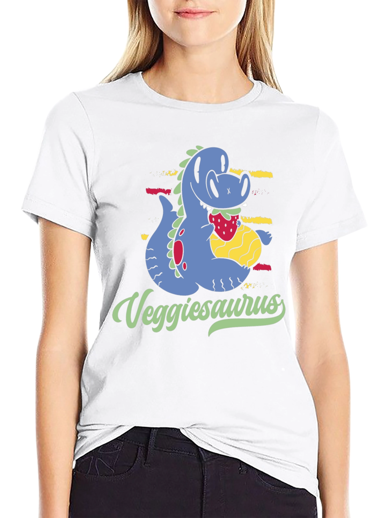 Veggiesaurus T-Shirt - Cartoon Dinosaur Eating Strawberry