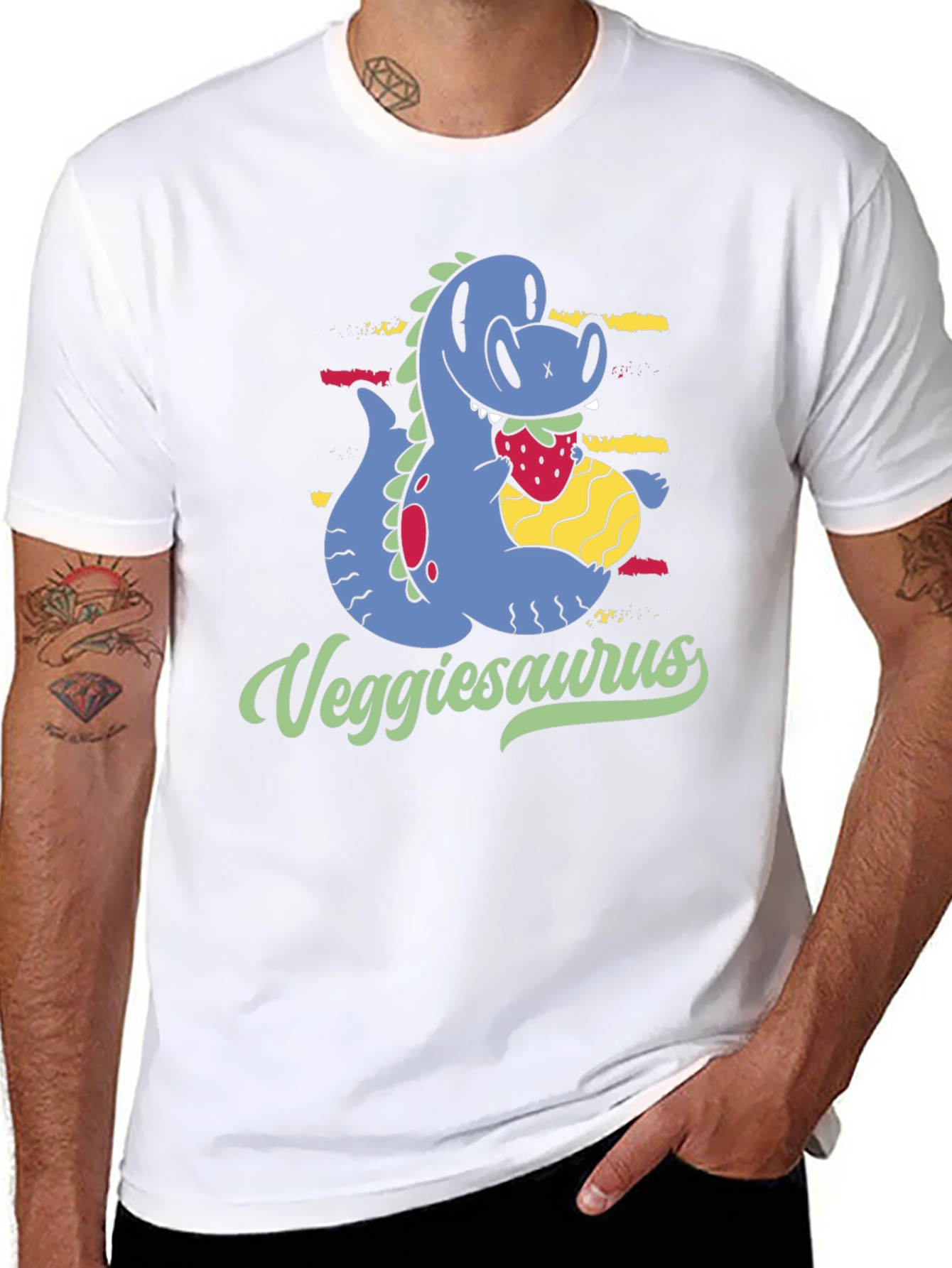 Veggiesaurus T-Shirt - Cartoon Dinosaur Eating Strawberry