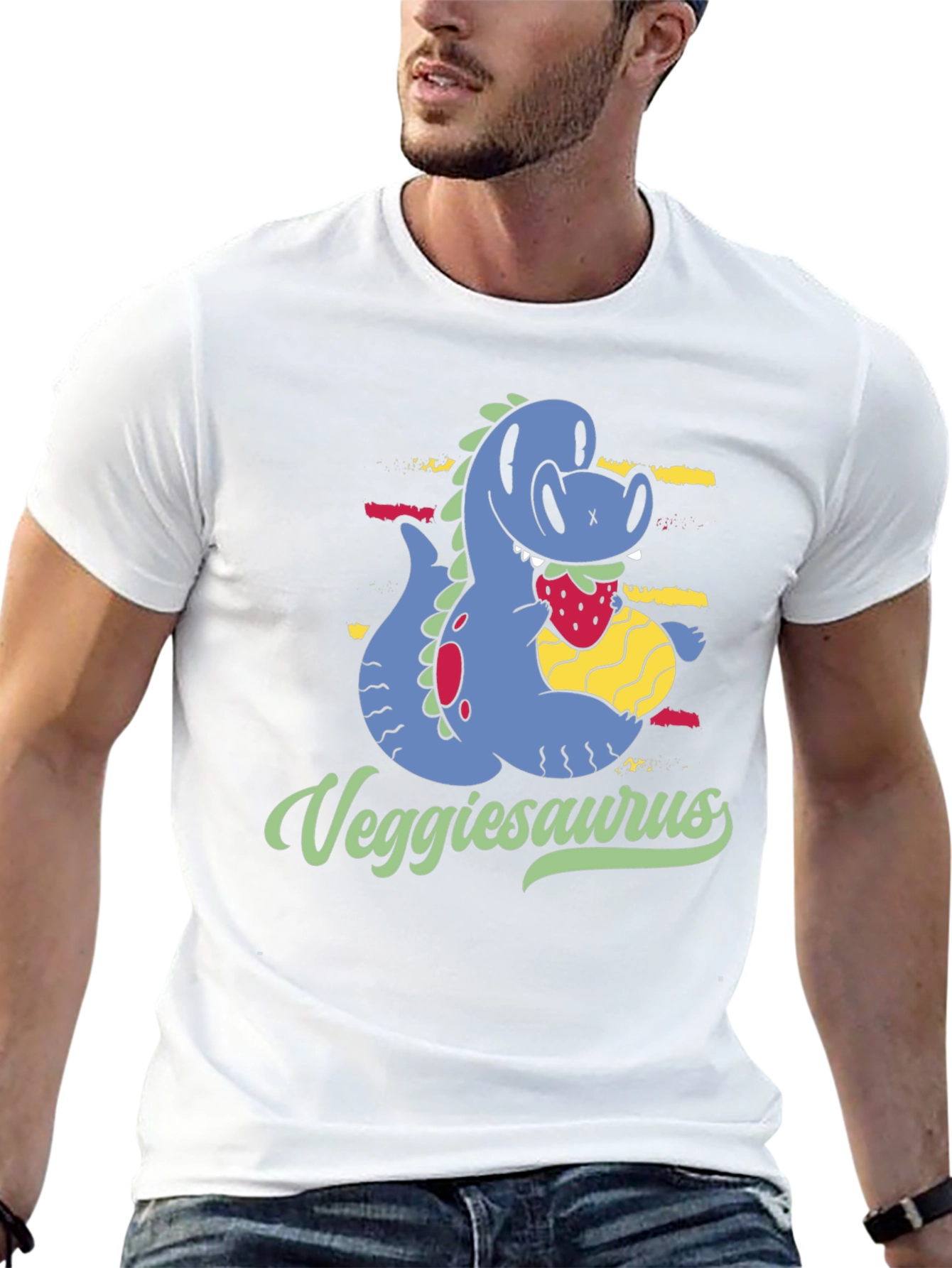 Veggiesaurus T-Shirt - Cartoon Dinosaur Eating Strawberry