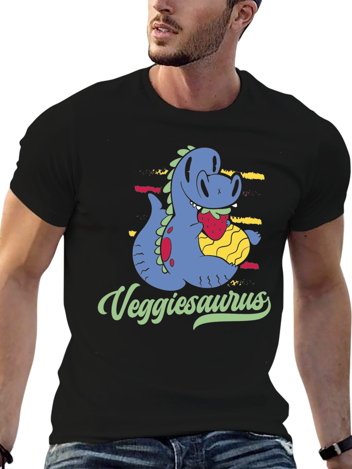 Veggiesaurus T-Shirt - Cartoon Dinosaur Eating Strawberry
