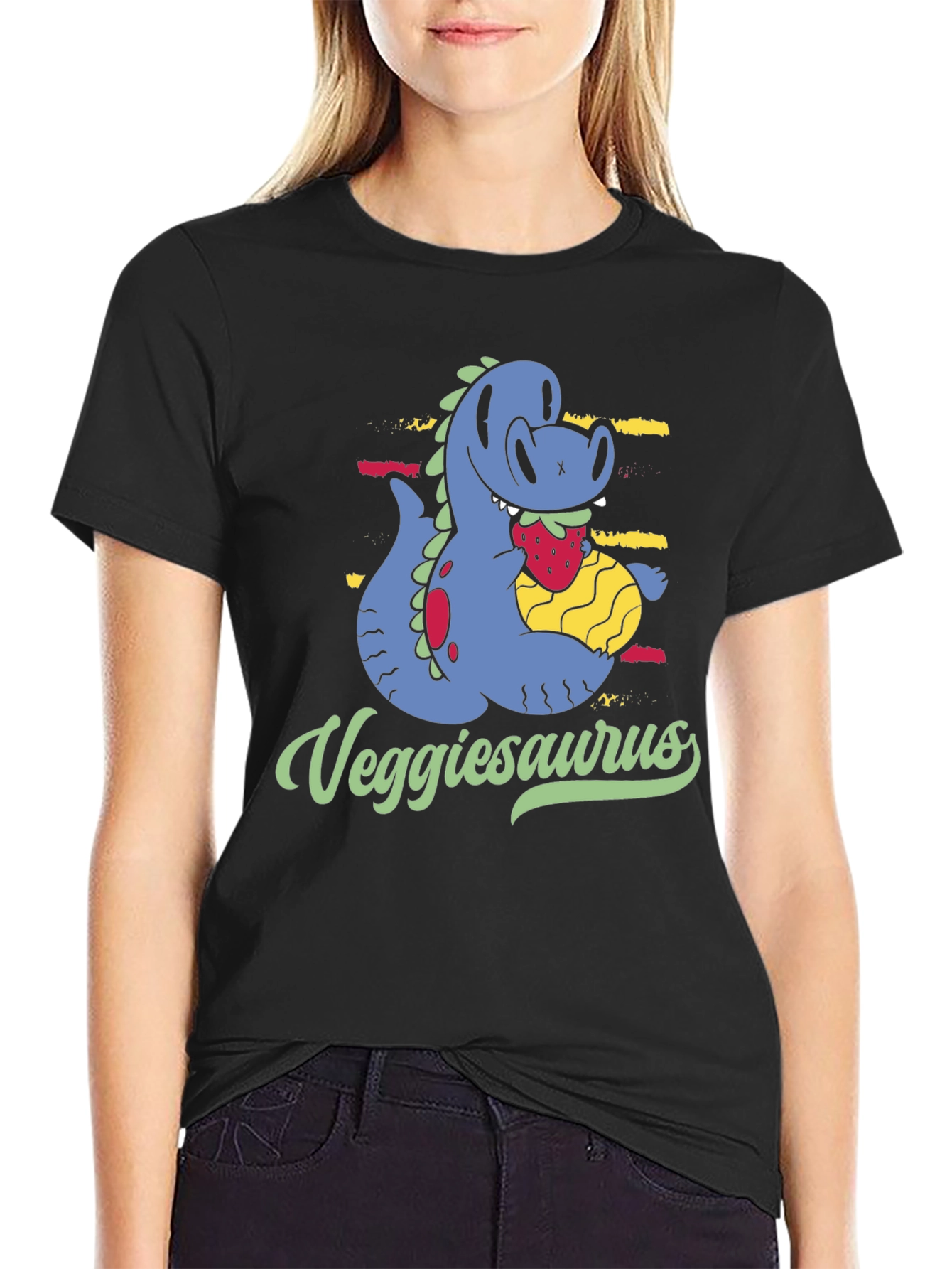 Veggiesaurus T-Shirt - Cartoon Dinosaur Eating Strawberry