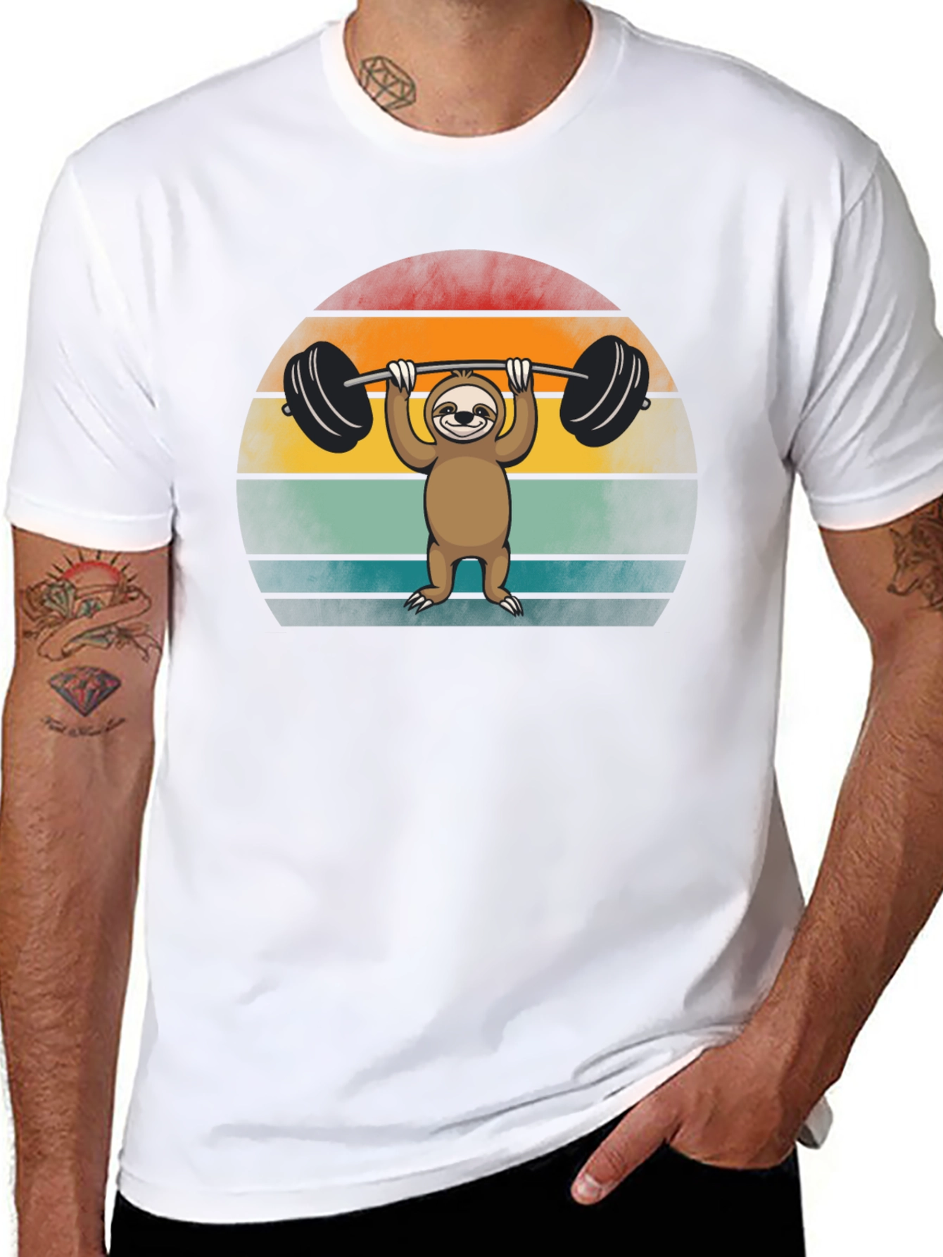 Sloth Lifting Weights Graphic Tee - Retro Style