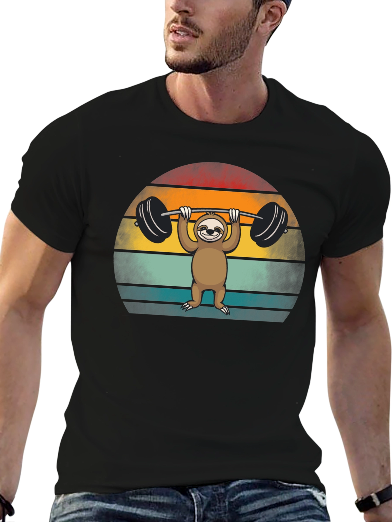 Sloth Lifting Weights Graphic Tee - Retro Style