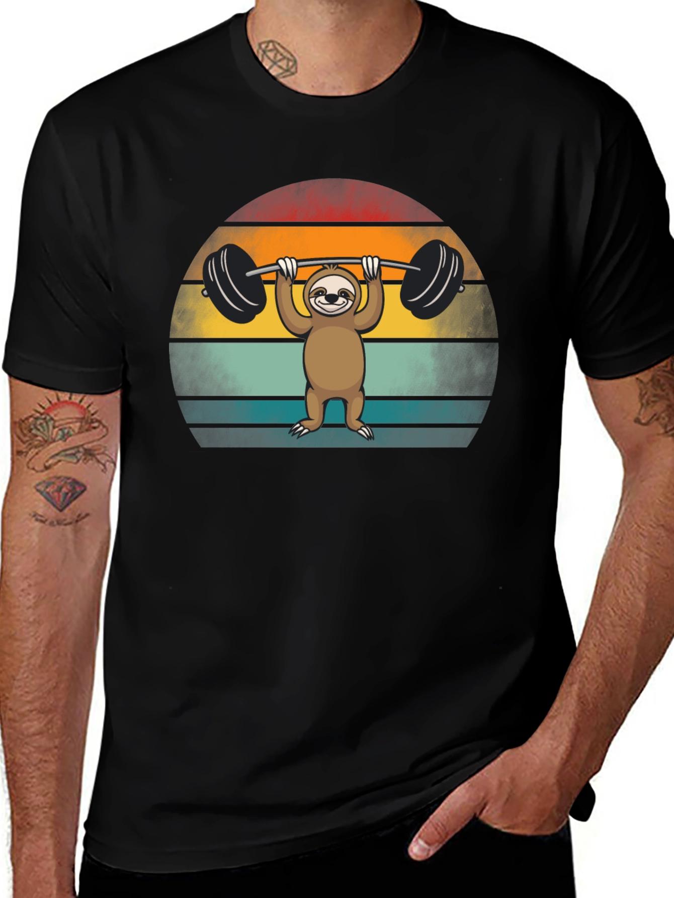 Sloth Lifting Weights Graphic Tee - Retro Style
