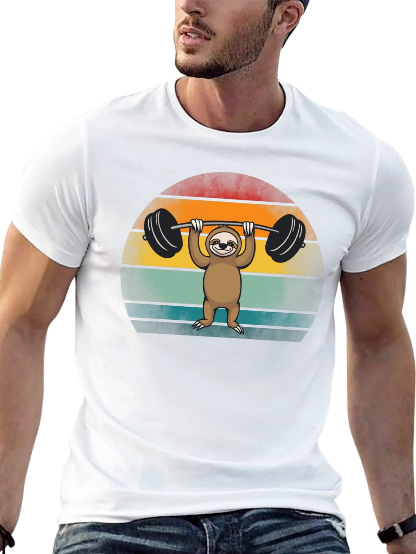 Sloth Lifting Weights Graphic Tee - Retro Style