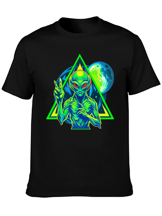 Alien Peace Sign Graphic Tee - Black Cotton T-Shirt