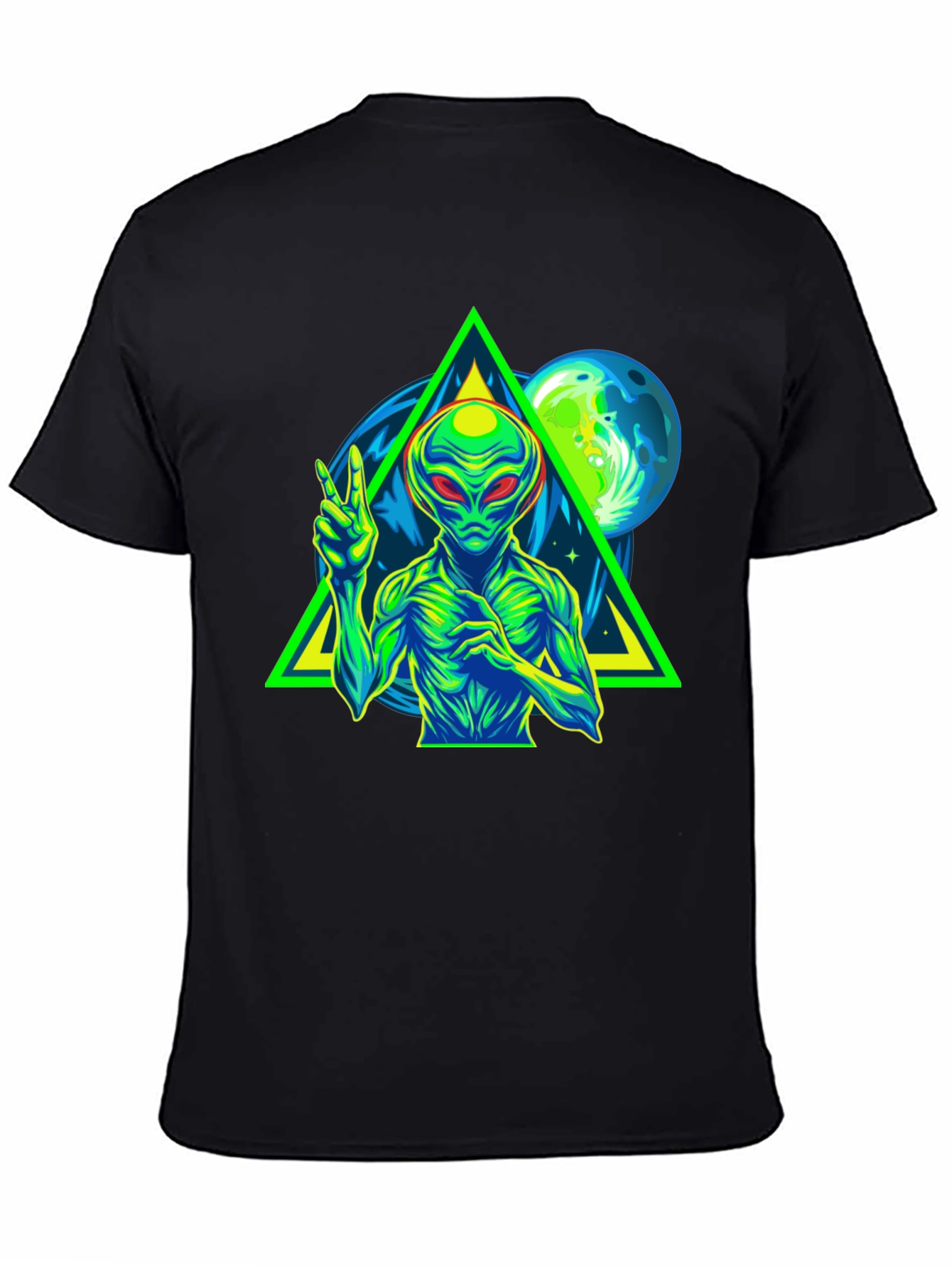 Alien Peace Sign Graphic Tee - Black Cotton T-Shirt