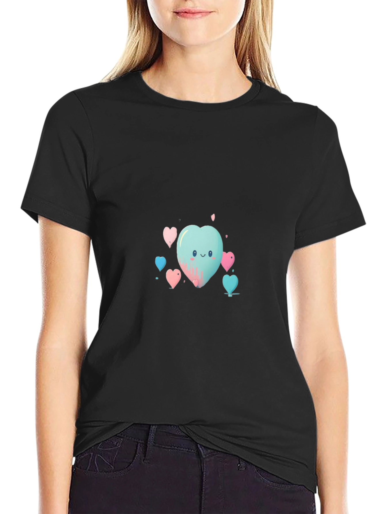 Cute Heart Print Black T-Shirt