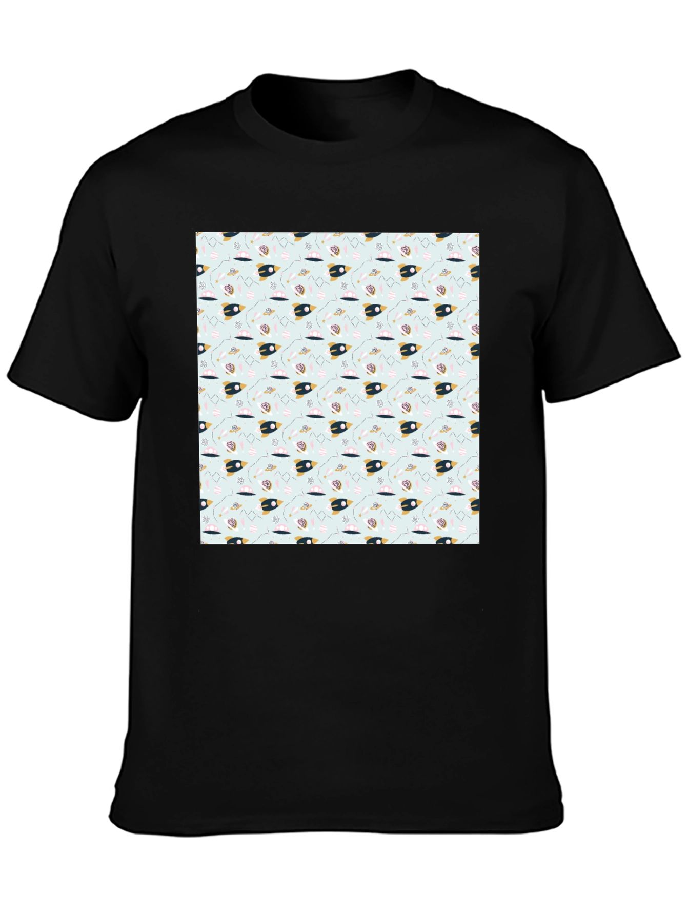 Space Rocket Pattern Black Tee