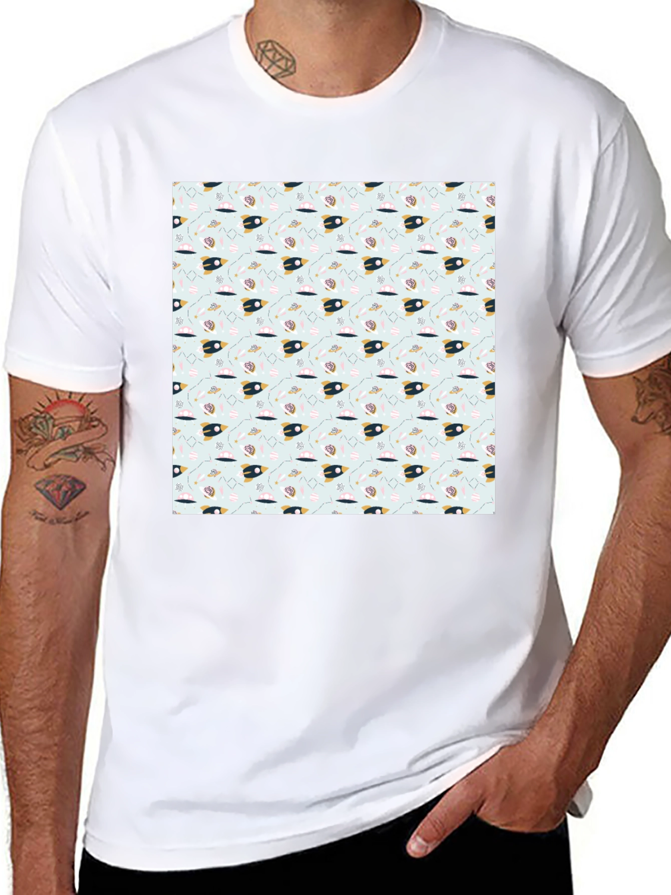 Space Rocket Pattern Black Tee