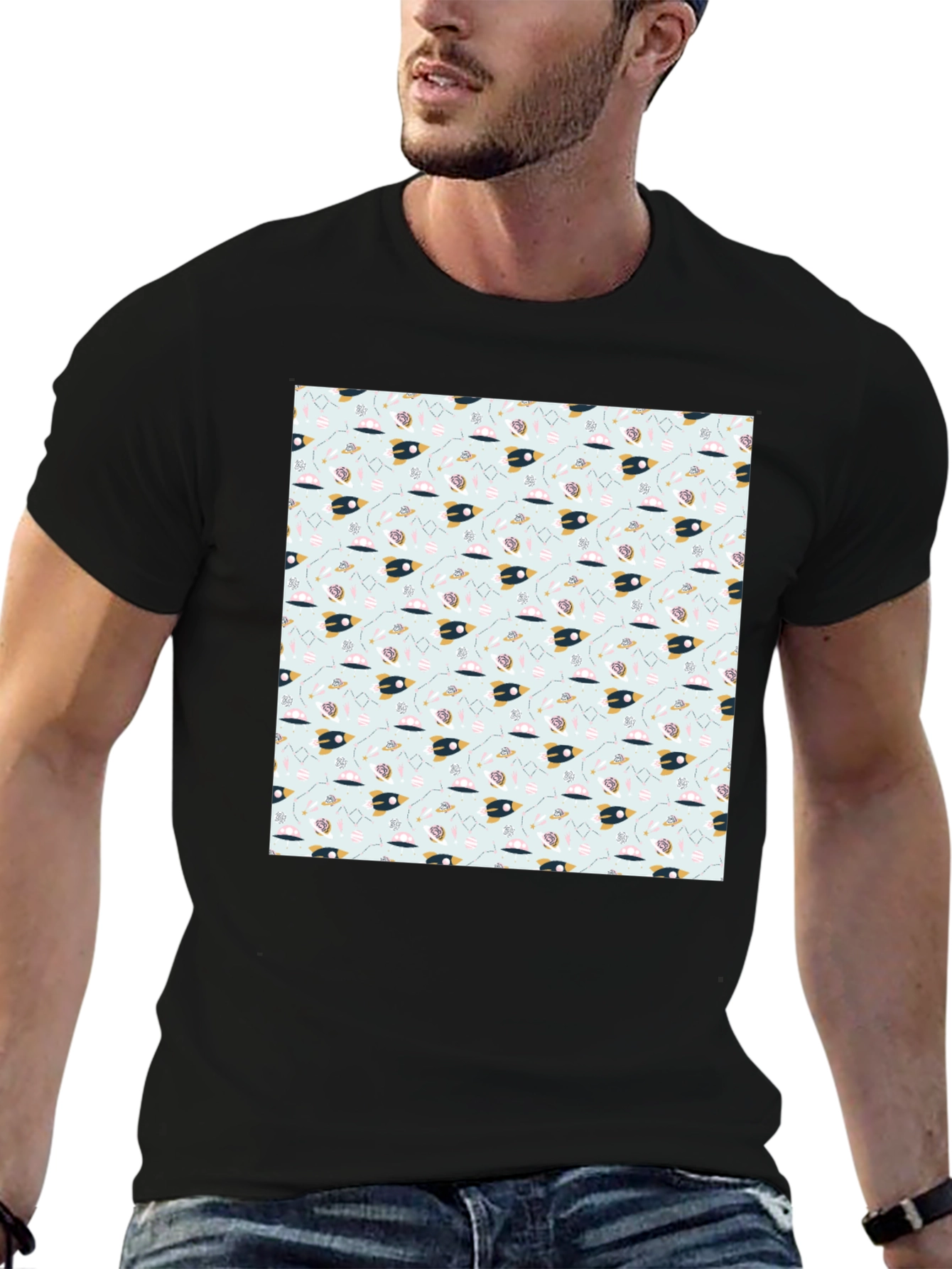 Space Rocket Pattern Black Tee