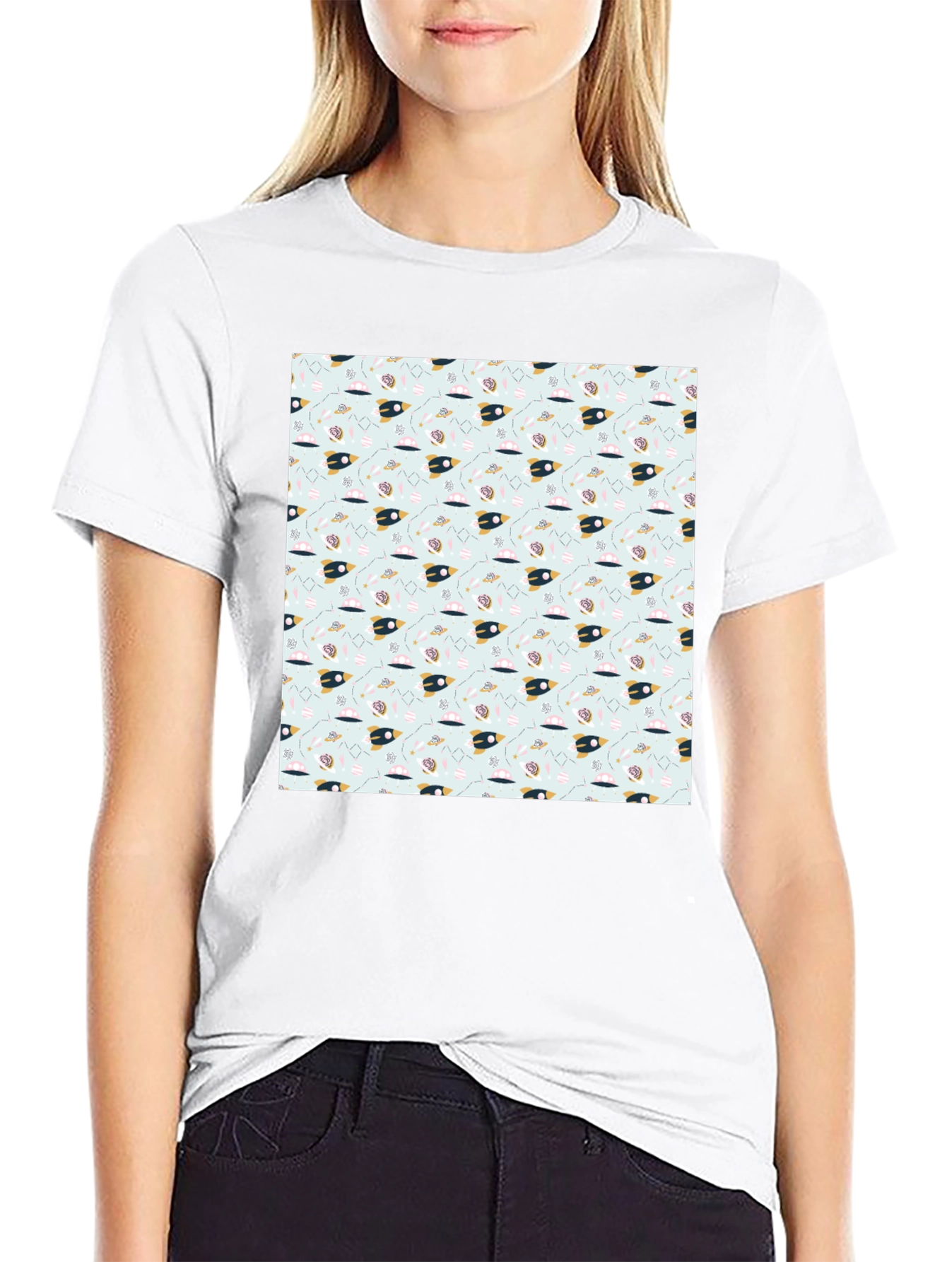 Space Rocket Pattern Black Tee