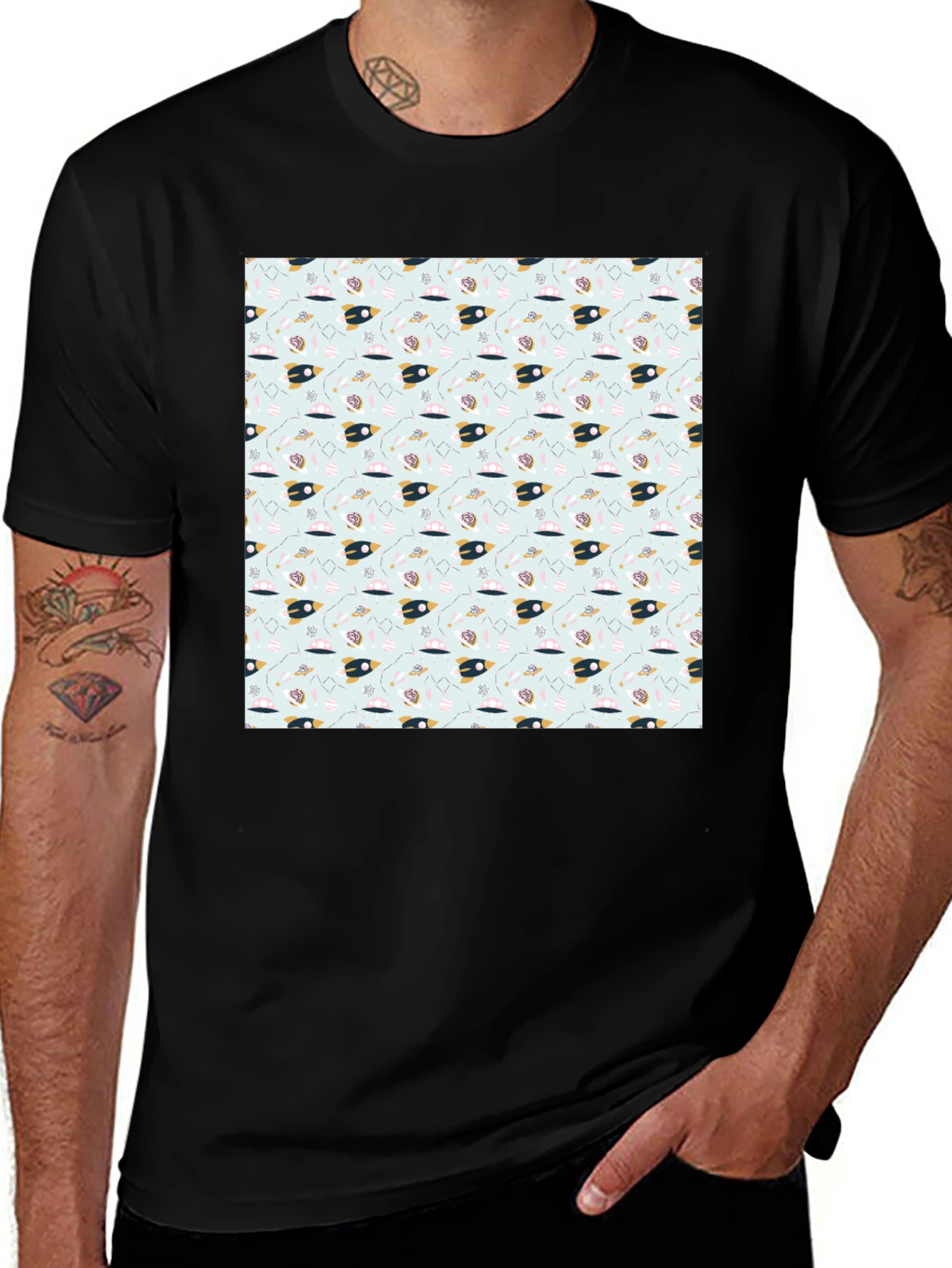 Space Rocket Pattern Black Tee