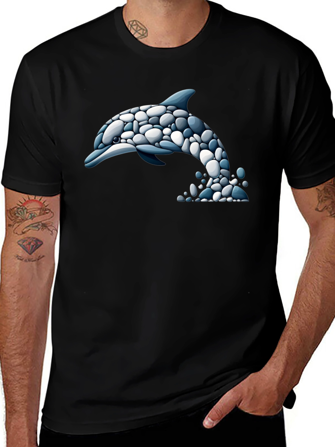 Dolphin Stone Art T-Shirt - Black Graphic Tee