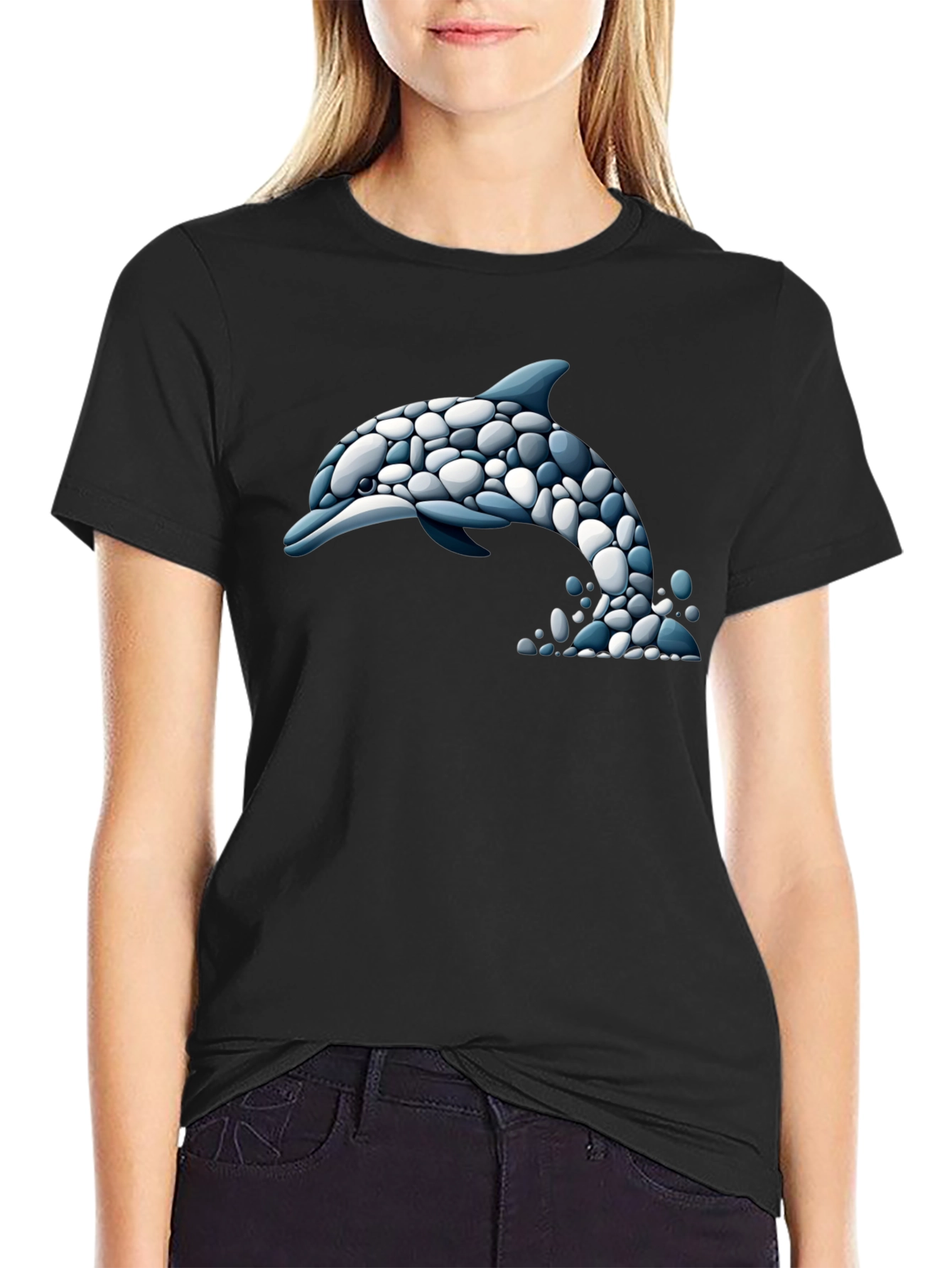 Dolphin Stone Art T-Shirt - Black Graphic Tee