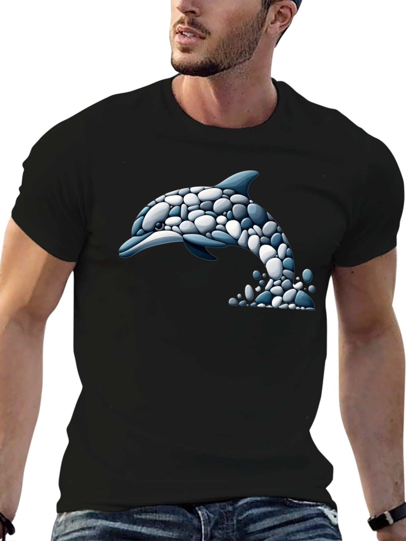Dolphin Stone Art T-Shirt - Black Graphic Tee