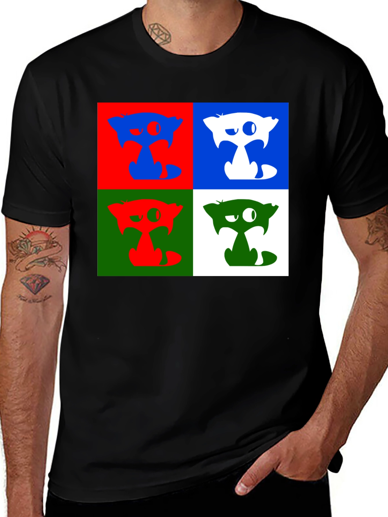 Pop Art Cat Graphic Black T-Shirt